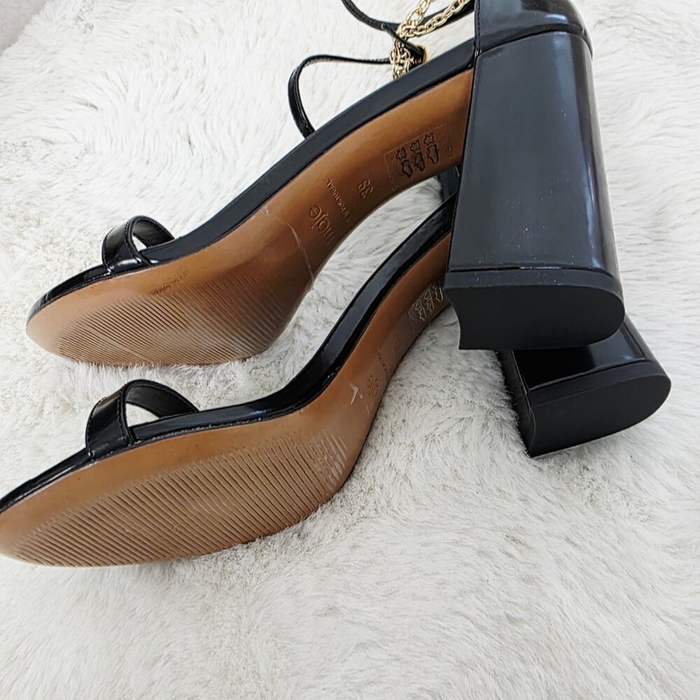 NEW Maje Feverlow Black Patent Leather Gold Chain Heart High Heel Sandals EU 39 - Picture 10 of 15
